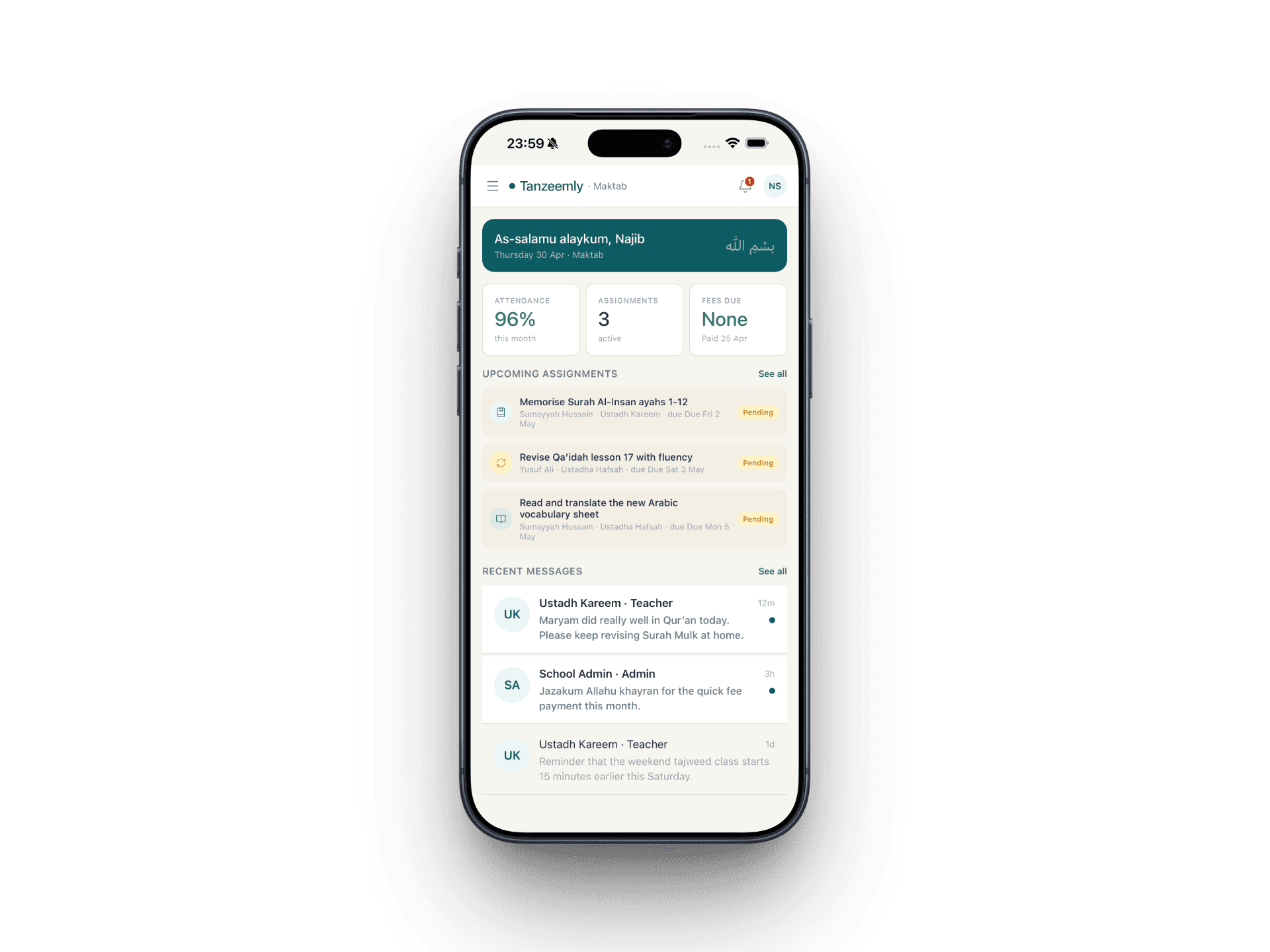 Tanzeemly parent app overview screen